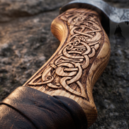 Hand-Forged Fenrir Wolf Axe - Engraved Ash Handle & Leather Cover