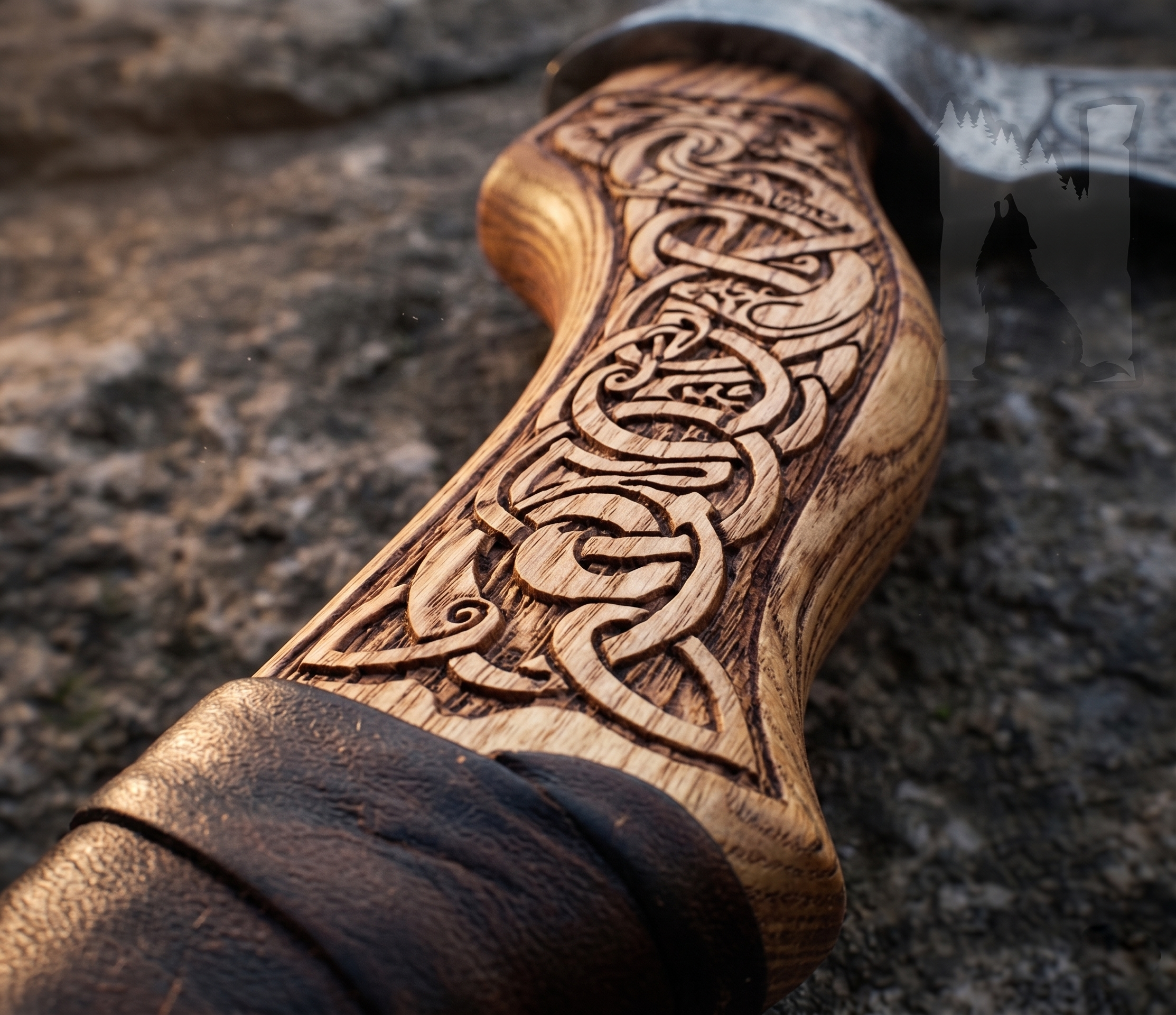 Hand-Forged Fenrir Wolf Axe - Engraved Ash Handle & Leather Cover