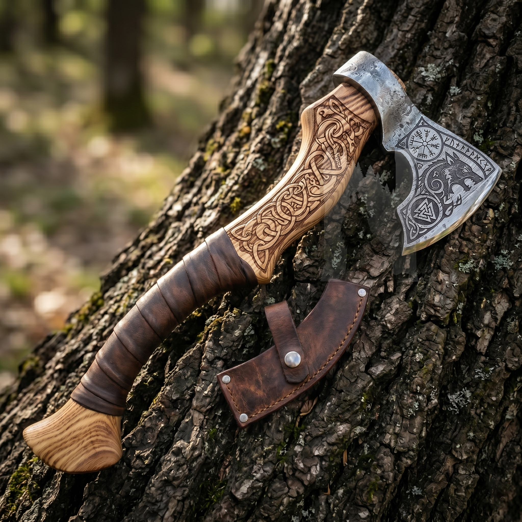 Hand-Forged Fenrir Wolf Axe - Engraved Ash Handle & Leather Cover