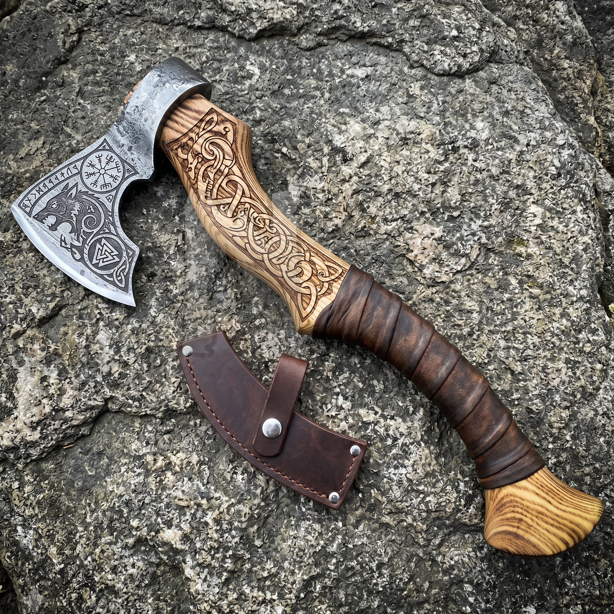 Hand-Forged Fenrir Wolf Axe - Engraved Ash Handle & Leather Cover