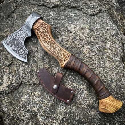 Hand-Forged Fenrir Wolf Axe - Engraved Ash Handle & Leather Cover