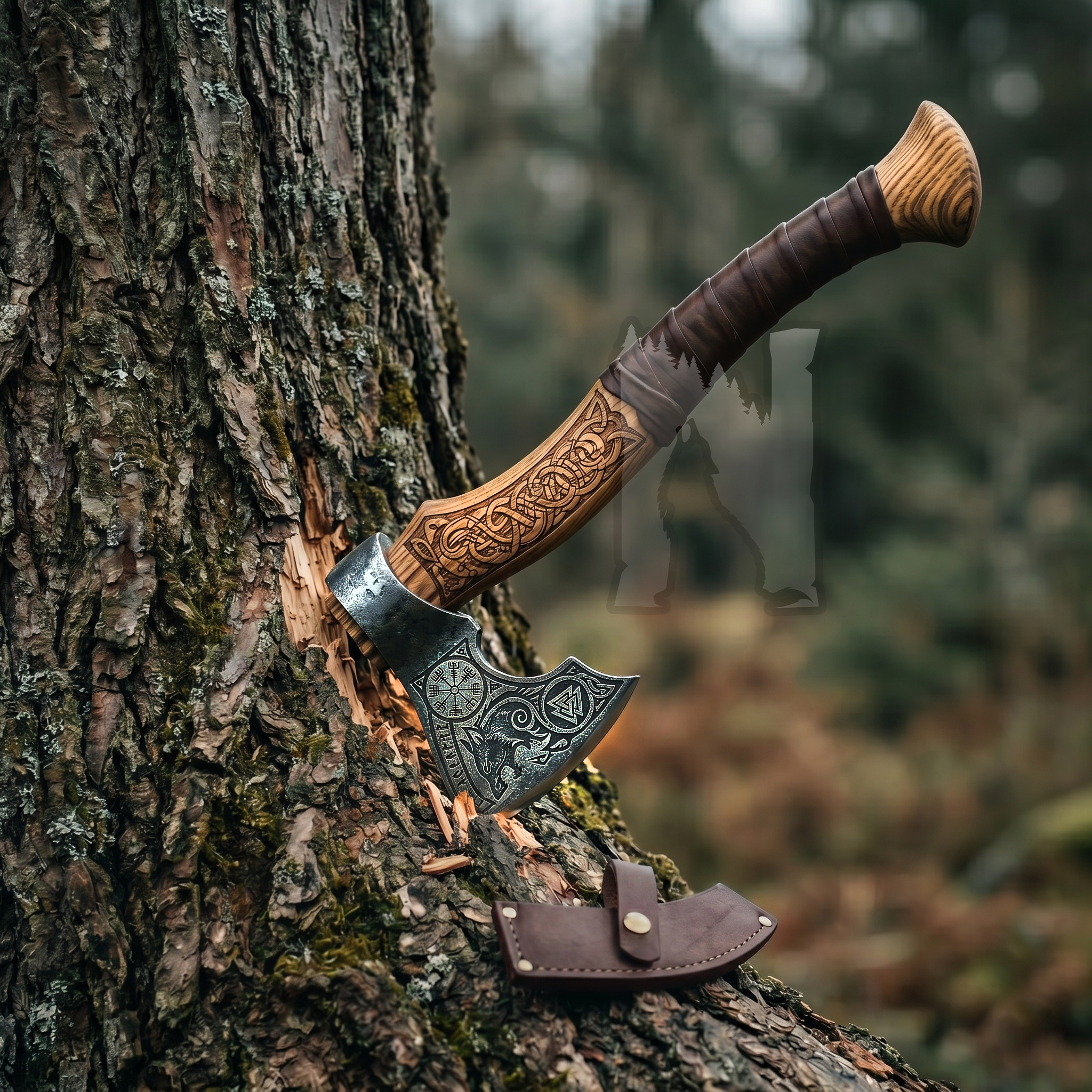 Hand-Forged Fenrir Wolf Axe - Engraved Ash Handle & Leather Cover