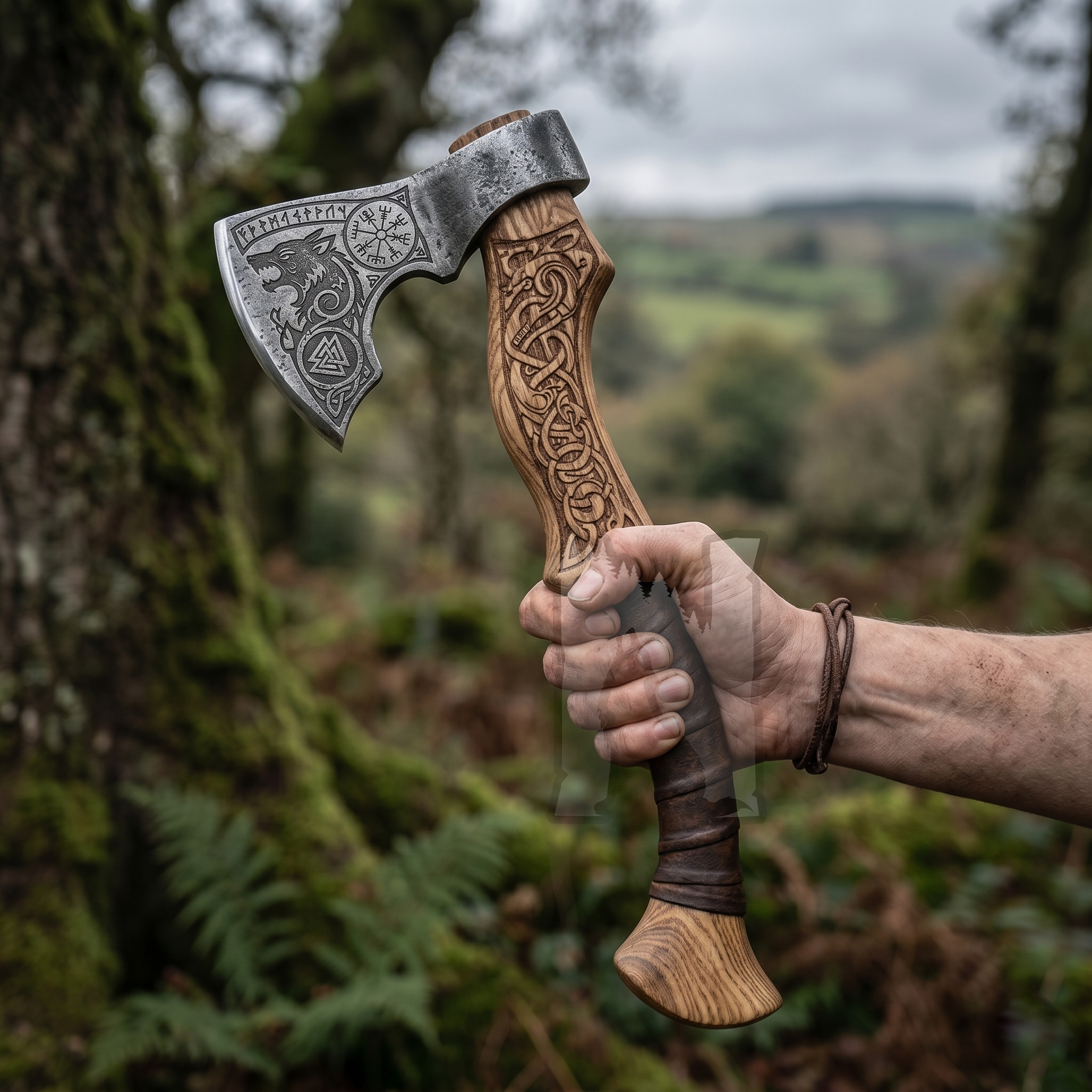 Hand-Forged Fenrir Wolf Axe - Engraved Ash Handle & Leather Cover