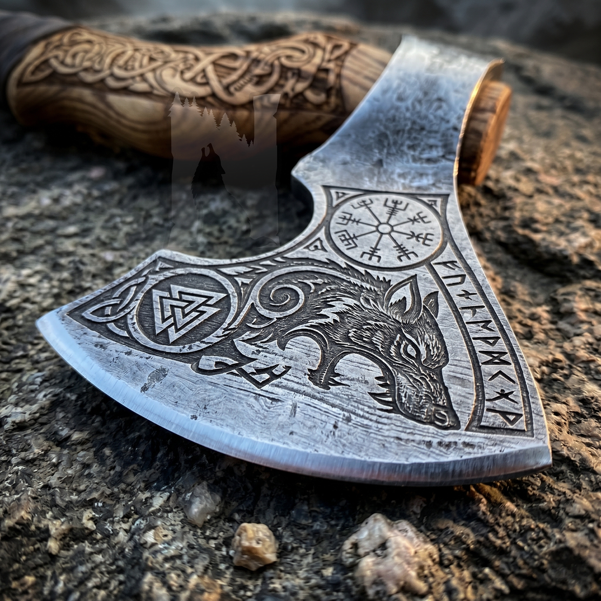Hand-Forged Fenrir Wolf Axe - Engraved Ash Handle & Leather Cover