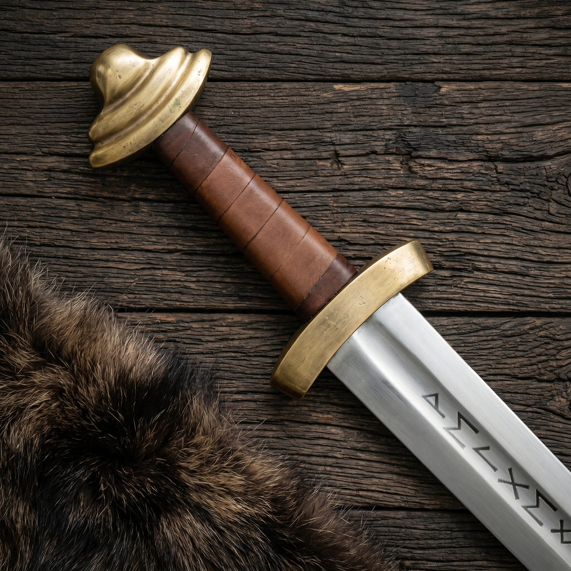 11th Century Viking Sword - Hand Forged BLade with Runes and Brass Handle