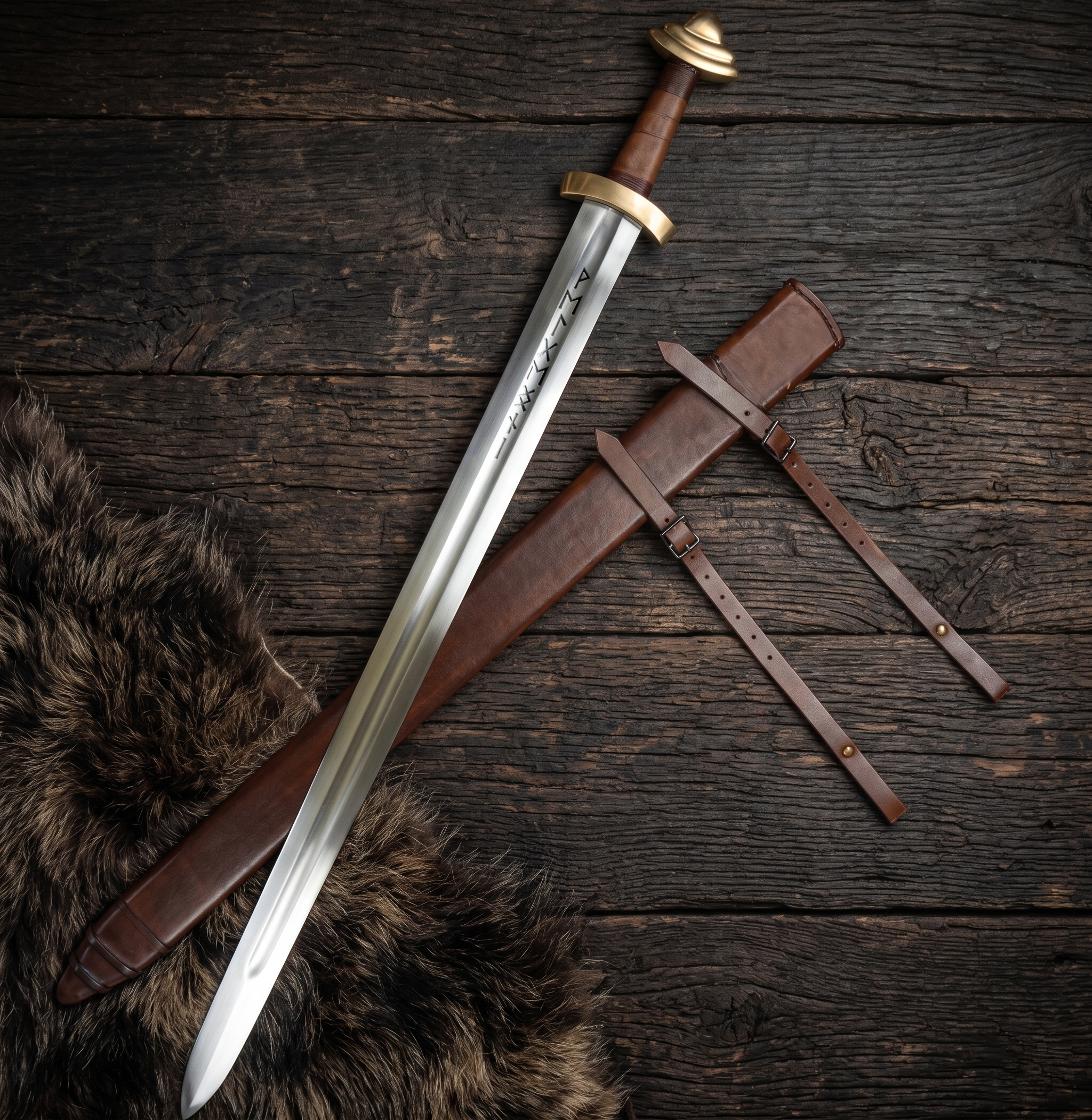 11th Century Viking Sword - Hand Forged BLade with Runes and Brass Handle