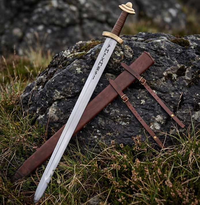 11th Century Viking Sword - Hand Forged BLade with Runes and Brass Handle