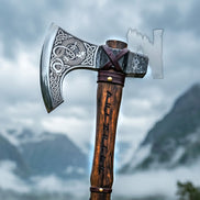 Ouroboros Forged Viking Axe - Custom Nordic Bearded Axe & Leather Cover