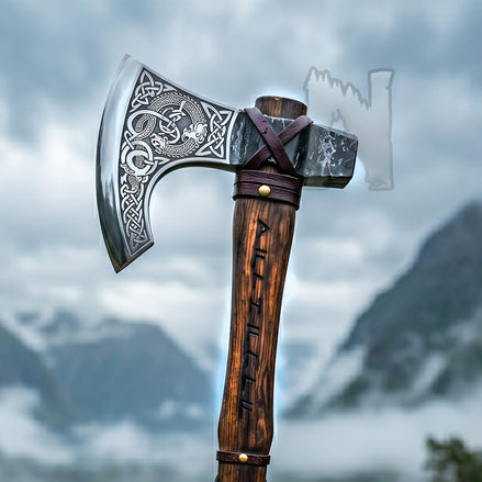 Ouroboros Forged Viking Axe - Custom Nordic Bearded Axe & Leather Cover