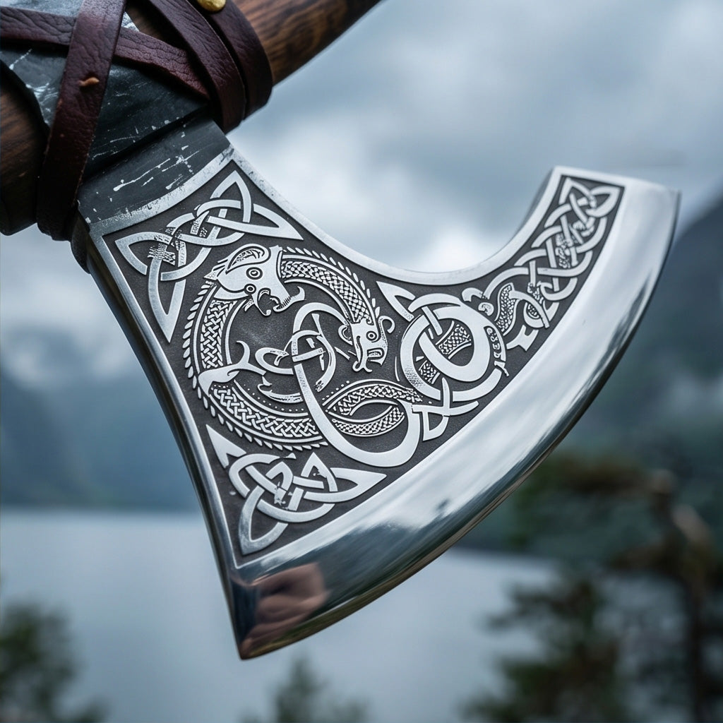 Ouroboros Forged Viking Axe - Custom Nordic Bearded Axe & Leather Cover