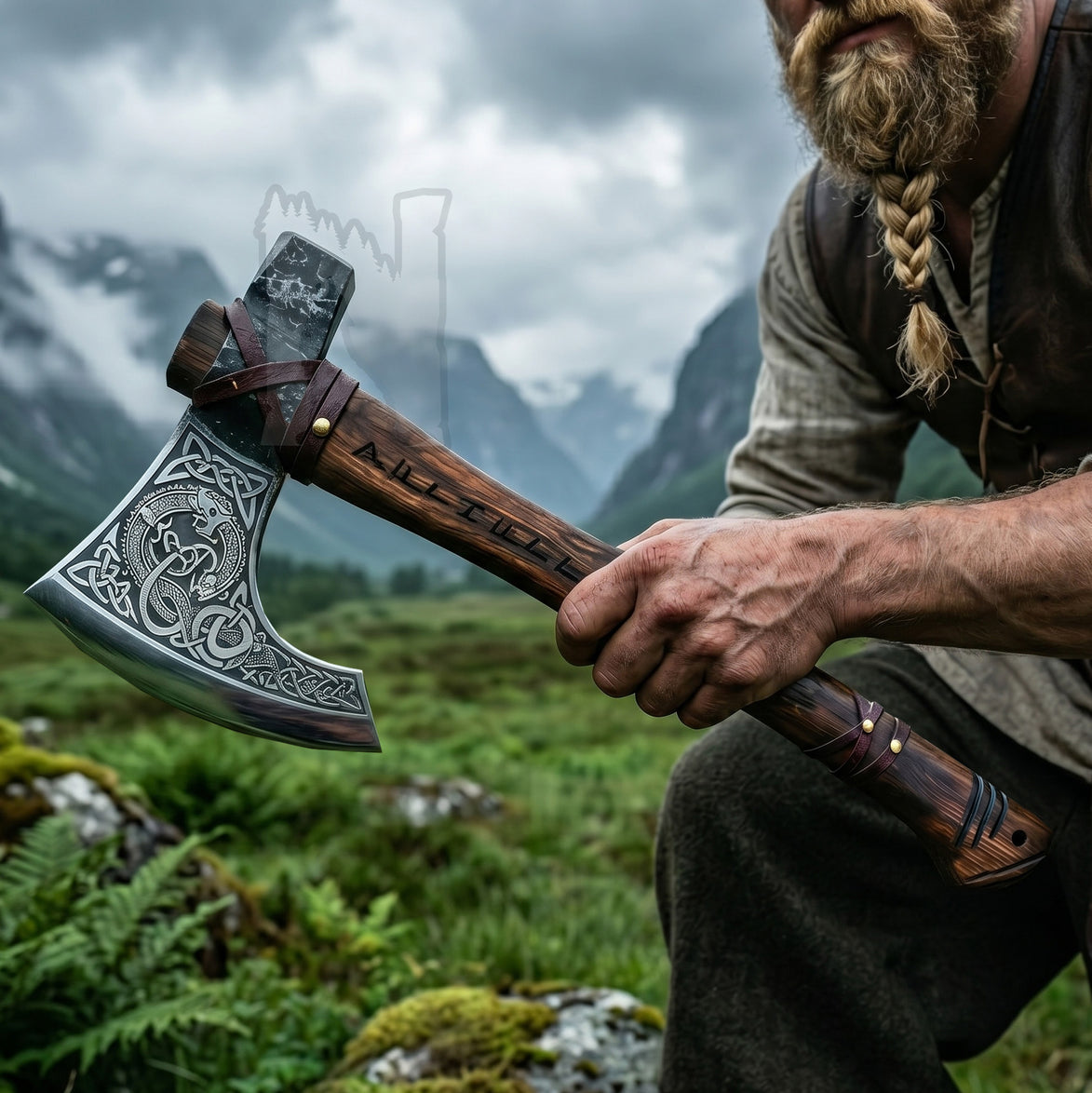 Ouroboros Forged Viking Axe - Custom Nordic Bearded Axe & Leather Cover