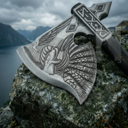 Hand-Forged Odin’s Judgement Axe with Norse Engraved Rune Handle