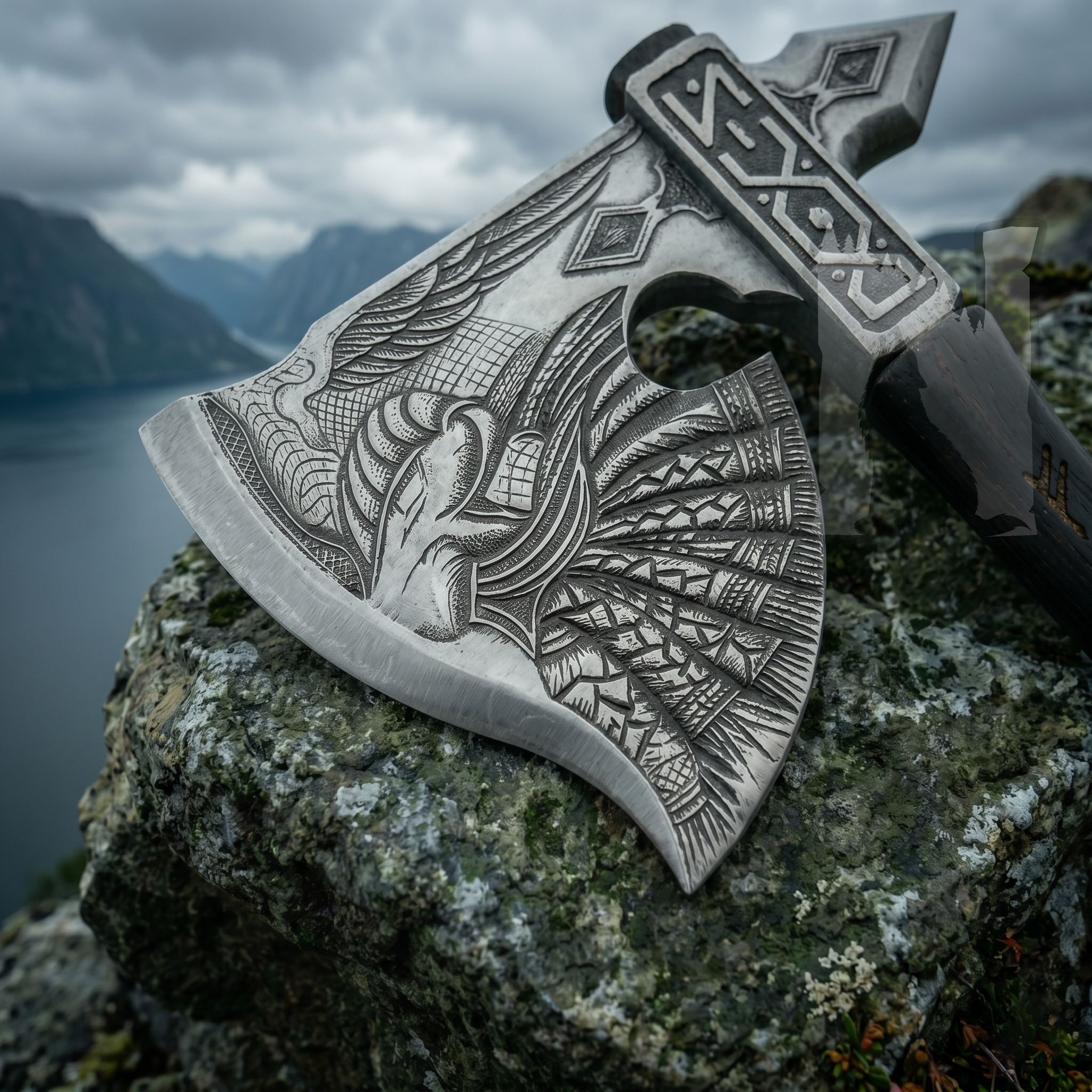 Hand-Forged Odin’s Judgement Axe with Norse Engraved Rune Handle