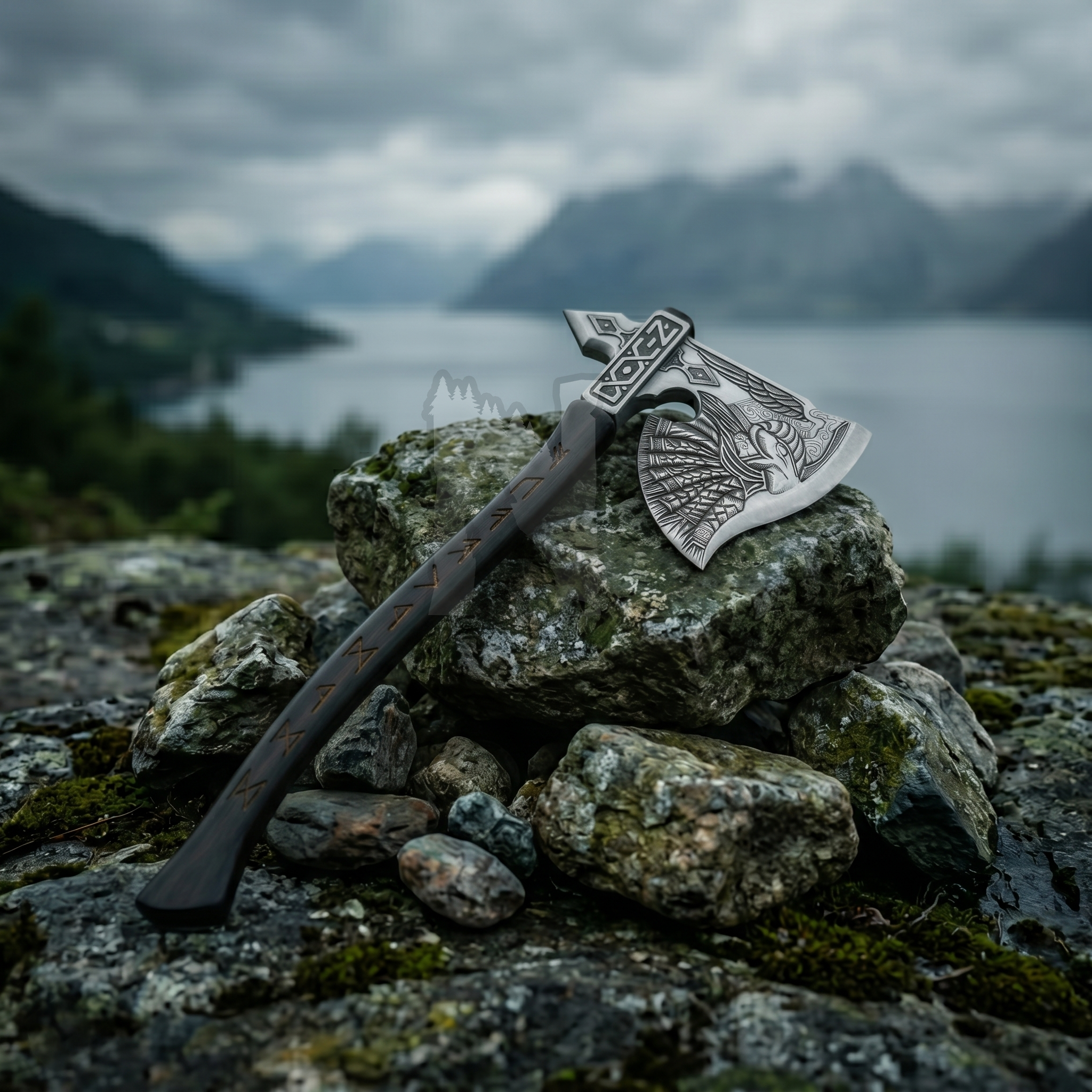 Hand-Forged Odin’s Judgement Axe with Norse Engraved Rune Handle