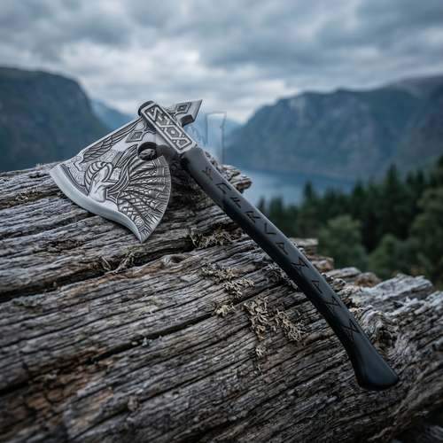 Hand-Forged Odin’s Judgement Axe with Norse Engraved Rune Handle
