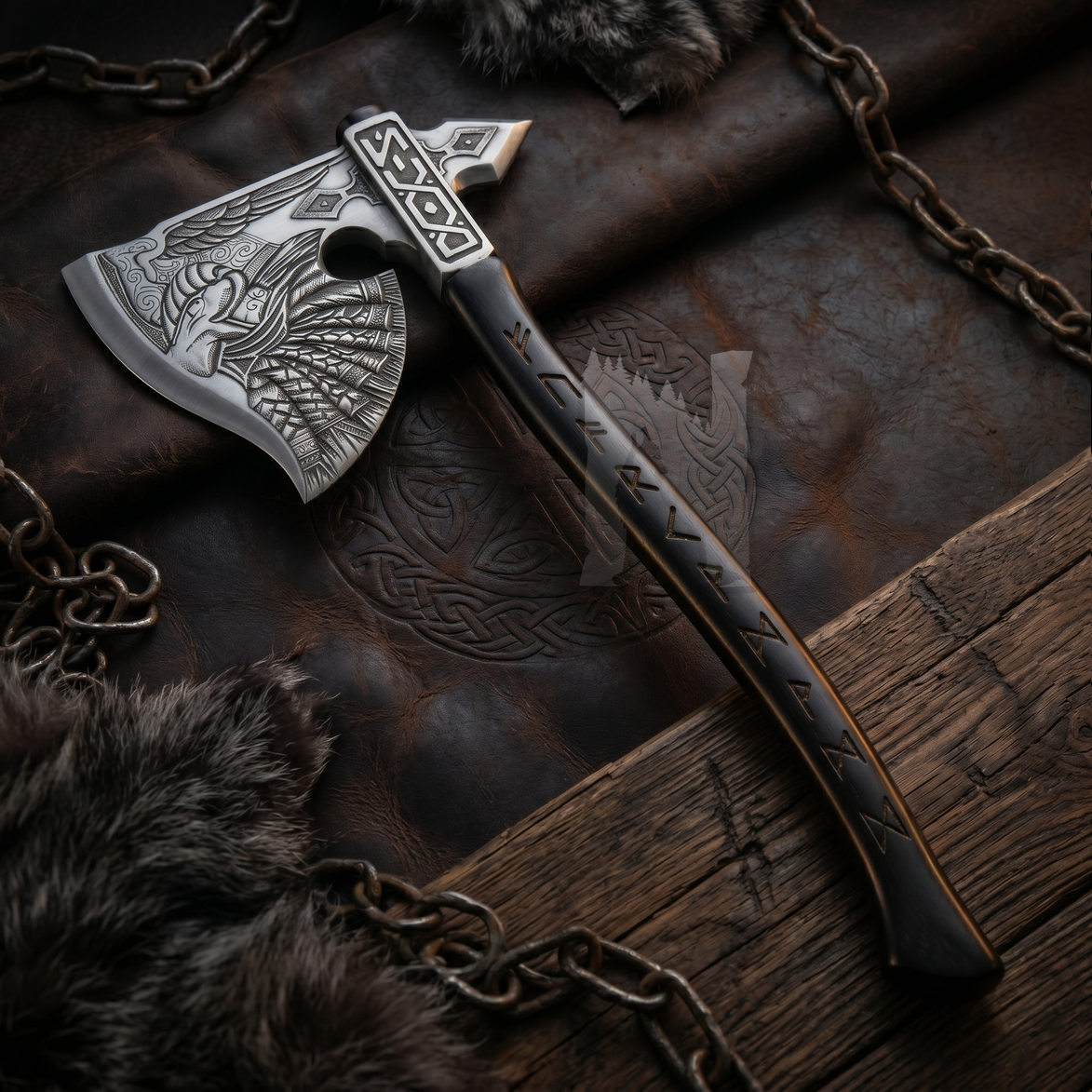 Hand-Forged Odin’s Judgement Axe with Norse Engraved Rune Handle