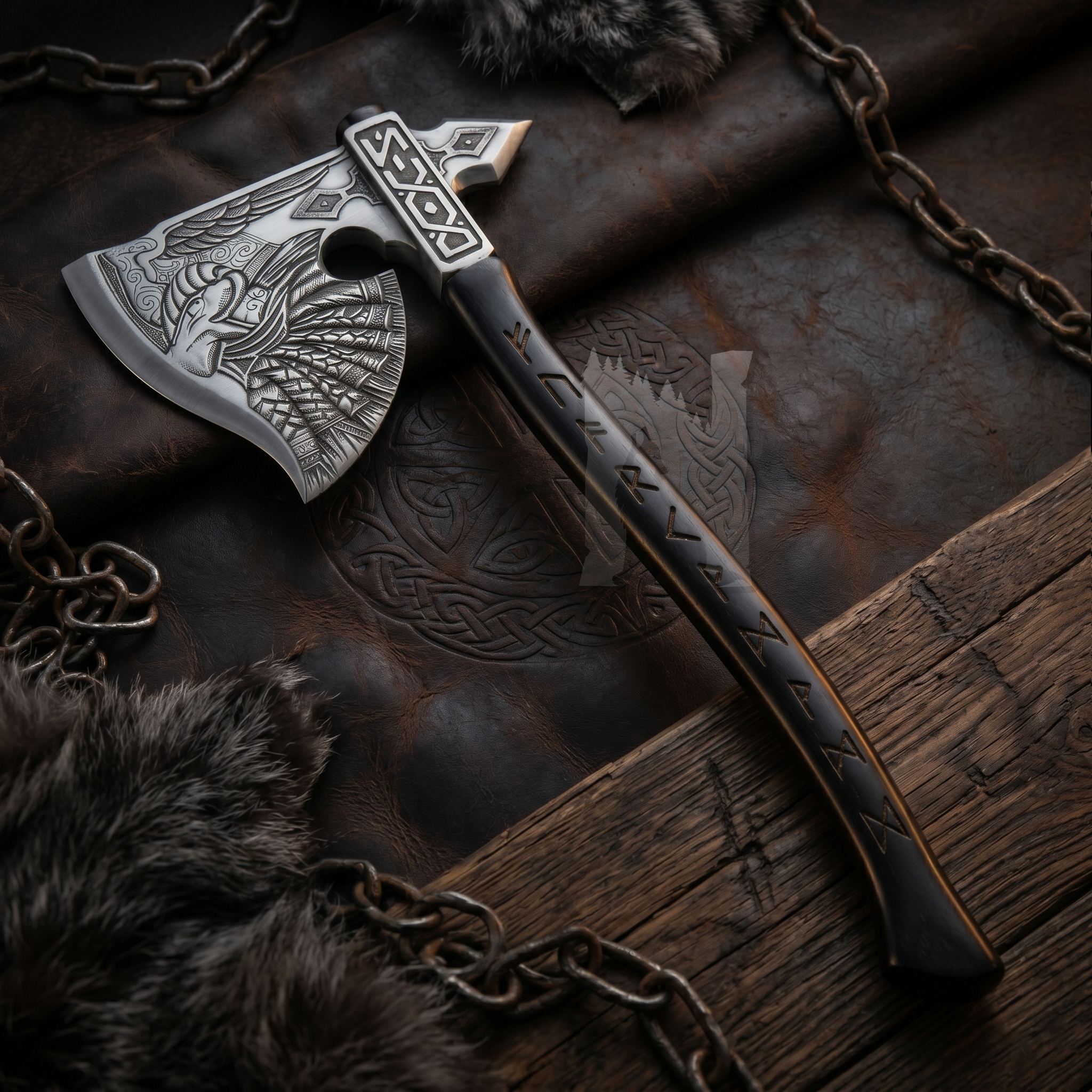 Hand-Forged Odin’s Judgement Axe with Norse Engraved Rune Handle