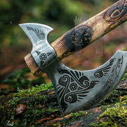 Handmade Odin Raven Etched Viking Axe | Slavic Sun Carved Wooden Handle