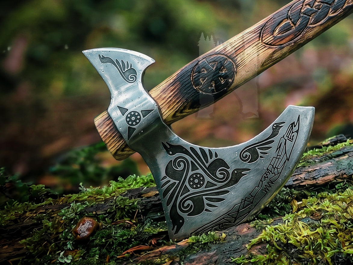 Handmade Odin Raven Etched Viking Axe | Slavic Sun Carved Wooden Handle