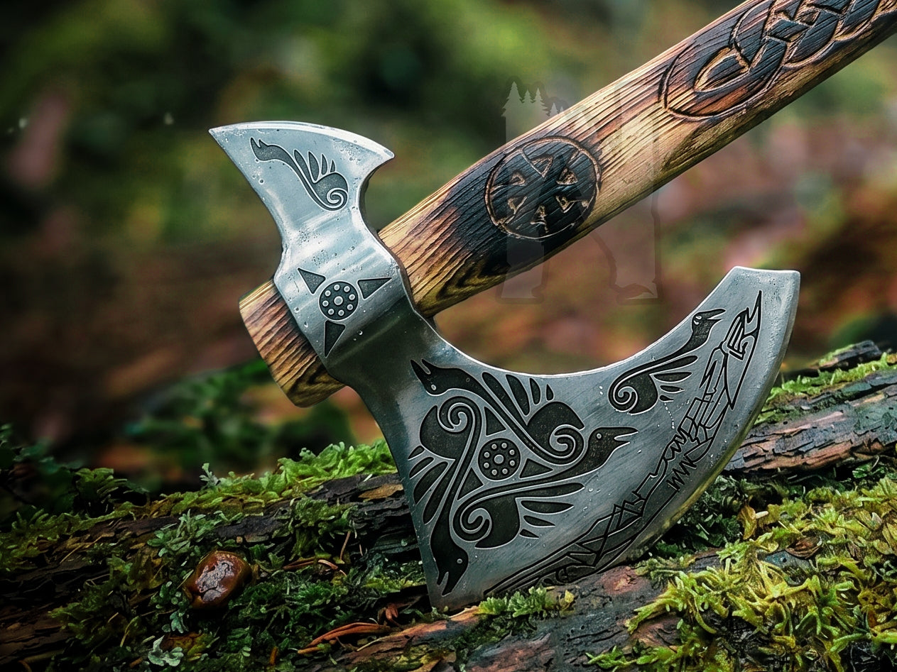Handmade Odin Raven Etched Viking Axe | Slavic Sun Carved Wooden Handle