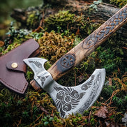 Handmade Odin Raven Etched Viking Axe | Slavic Sun Carved Wooden Handle