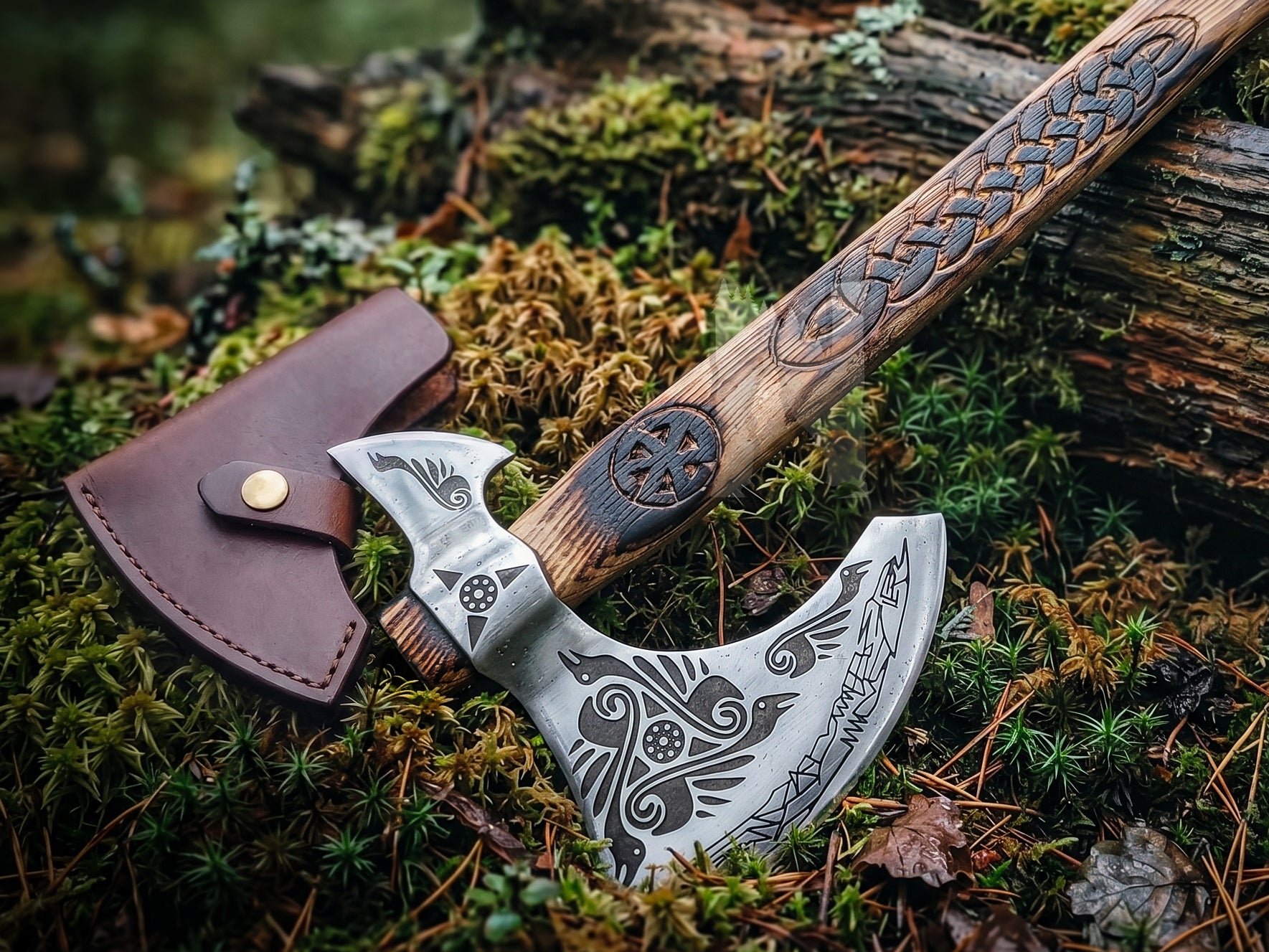 Handmade Odin Raven Etched Viking Axe | Slavic Sun Carved Wooden Handle