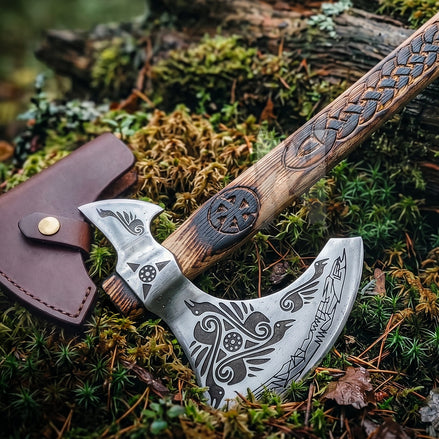 Handmade Odin Raven Etched Viking Axe | Slavic Sun Carved Wooden Handle