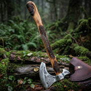 Handmade Odin Raven Etched Viking Axe | Slavic Sun Carved Wooden Handle