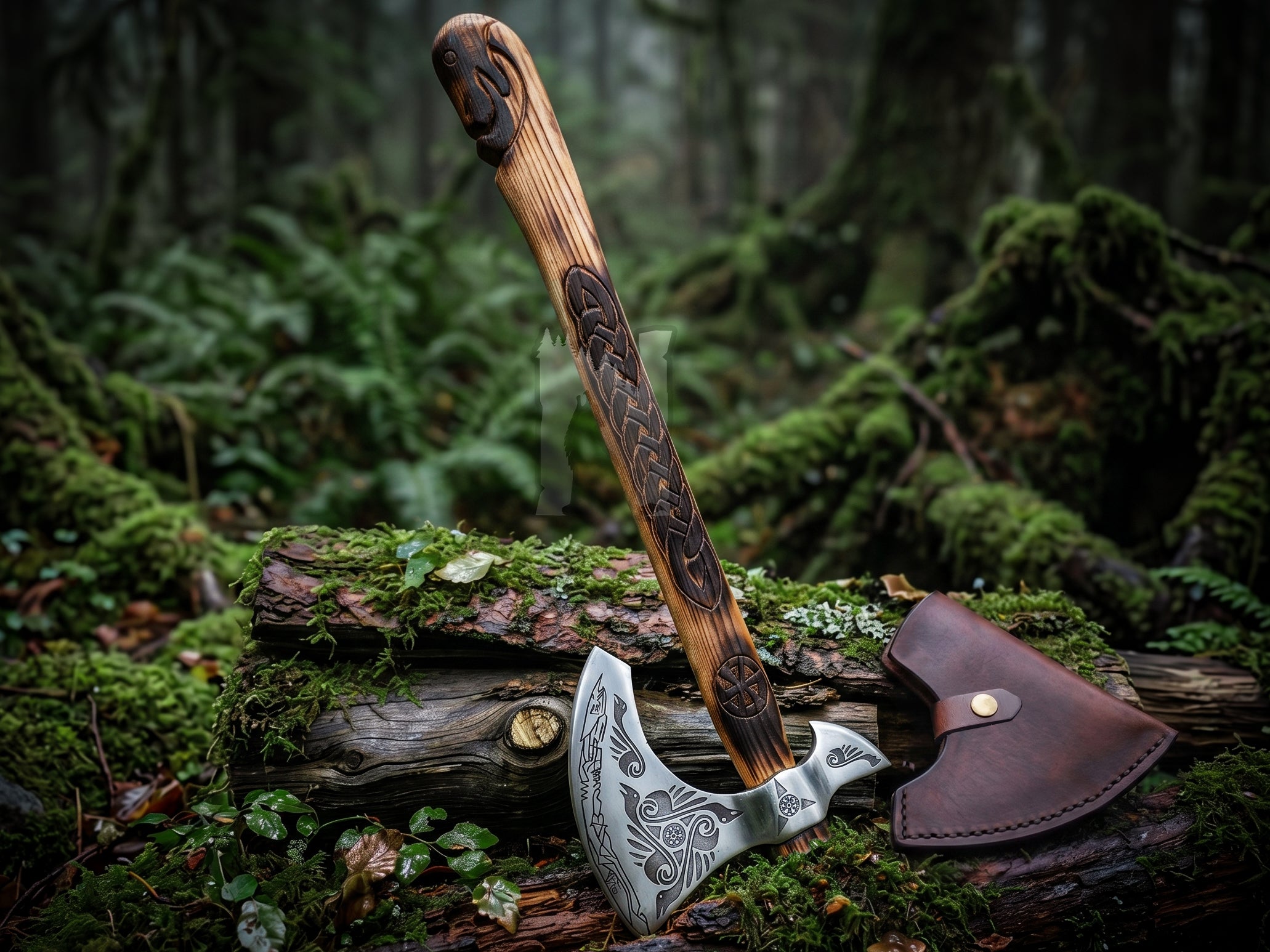 Handmade Odin Raven Etched Viking Axe | Slavic Sun Carved Wooden Handle