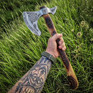 Handmade Odin Raven Etched Viking Axe | Slavic Sun Carved Wooden Handle