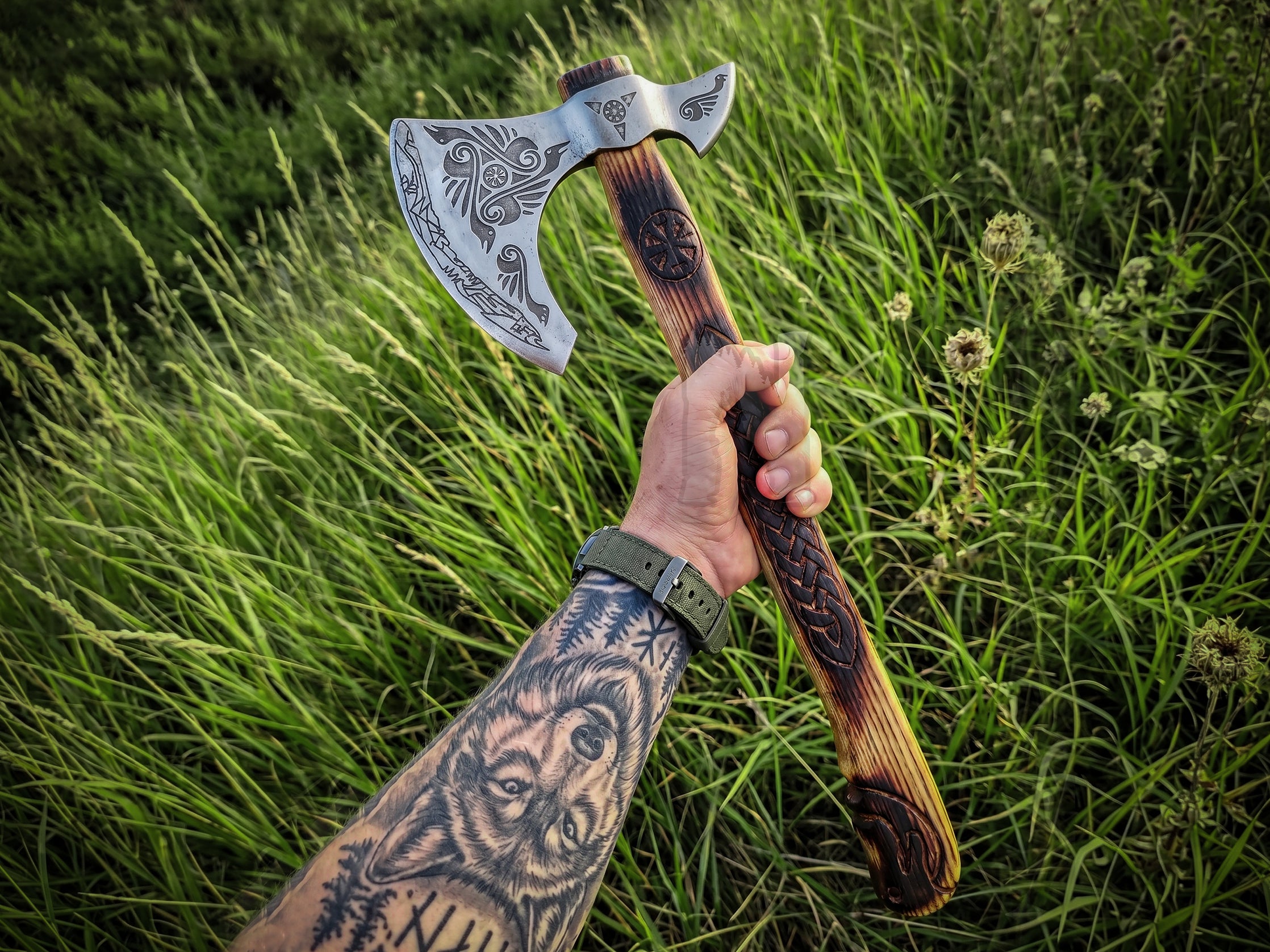Handmade Odin Raven Etched Viking Axe | Slavic Sun Carved Wooden Handle