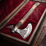 Handmade Odin Raven Etched Viking Axe | Slavic Sun Carved Wooden Handle