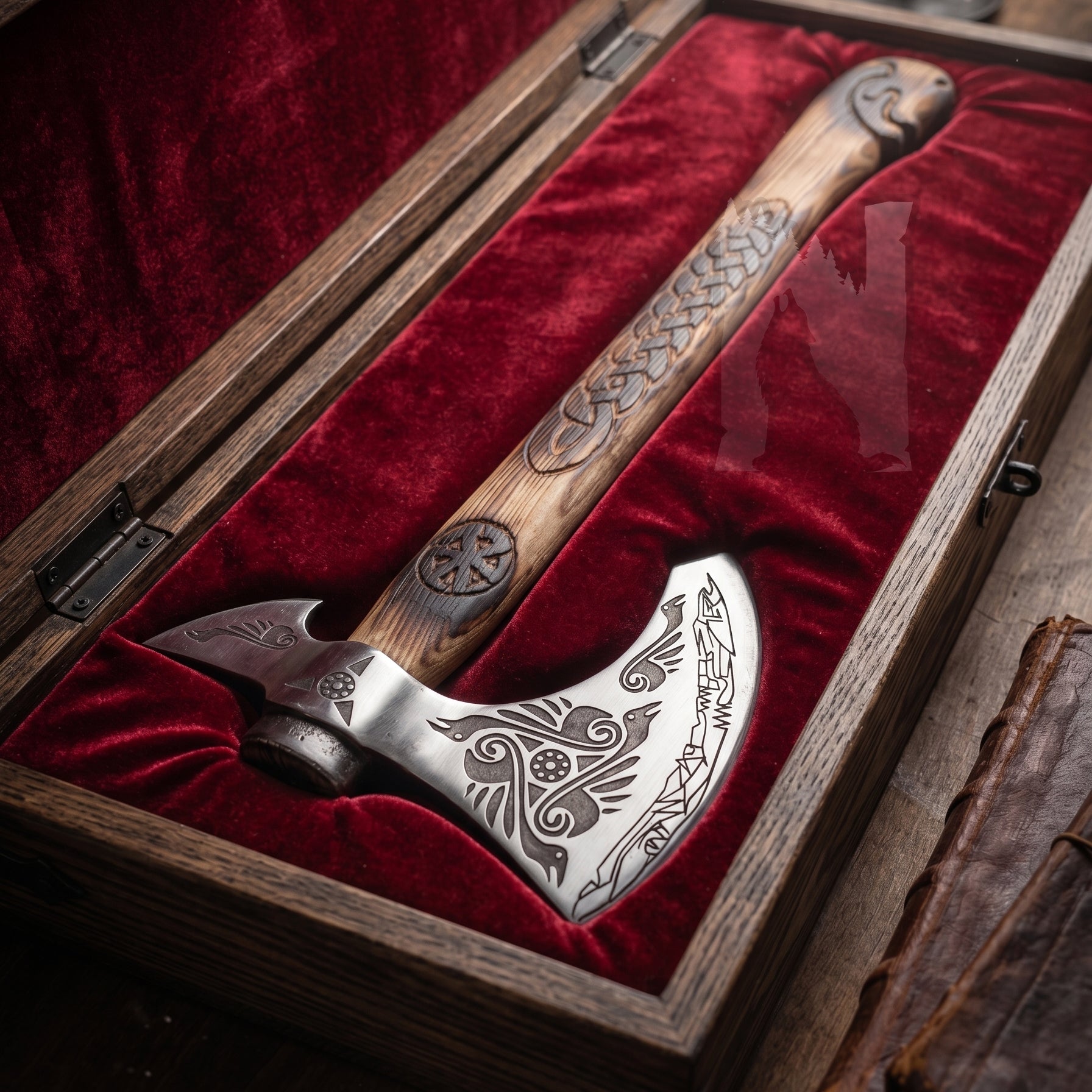 Handmade Odin Raven Etched Viking Axe | Slavic Sun Carved Wooden Handle